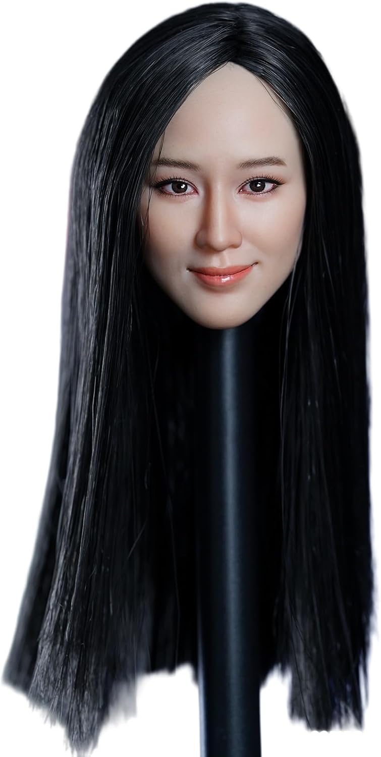 1/6 Scale Female Head Sculpt, Asian Girl Smile Face Black Straight Hair Head Carved for 12inch Female PH TBL JO Action Figure Body Collection