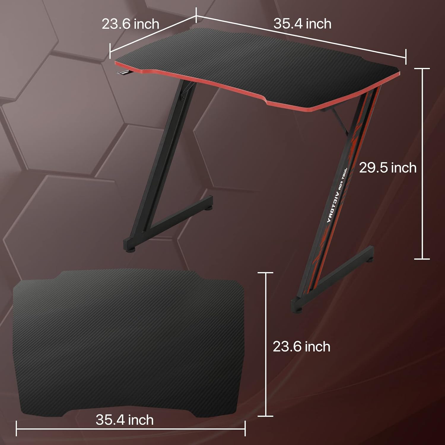 HKLGorg Gaming Desk Computer Desk Z Shaped Gaming Table Writing Modern Ergonomic Racing Style Home Office Table Workstation Carbon Fiber Headphone Hook for Men Boyfriend Female Gift (Red, 35")
