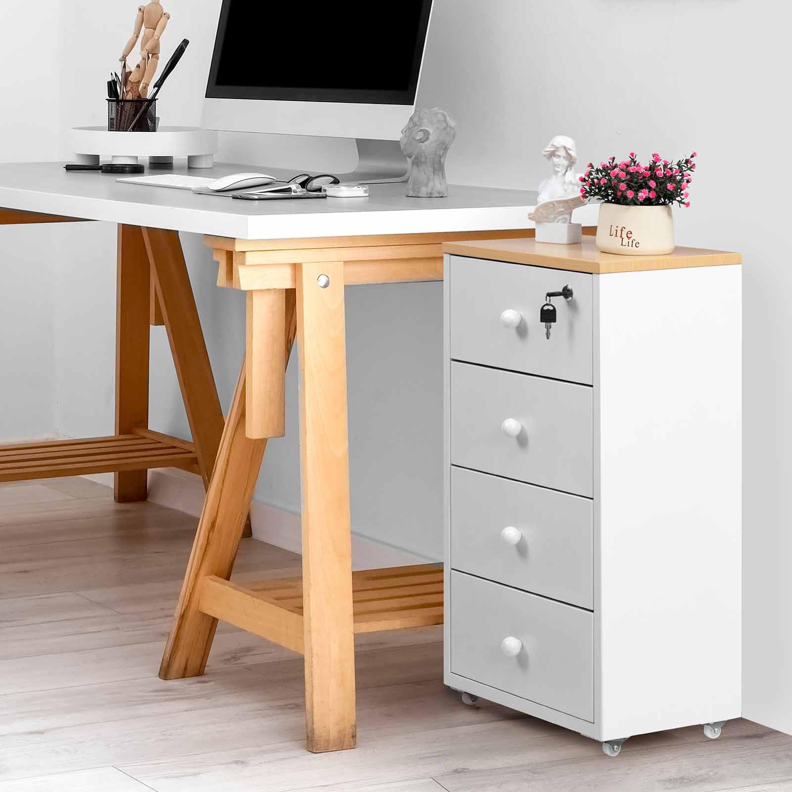 HollyHOME Archivadores Móviles, Archivador de 4 Cajones con Cerradura, Armario de Almacenamiento de Metal Bajo el Escritorio con Ruedas para Oficina en Casa Tamaño A4 Carta, Blanco