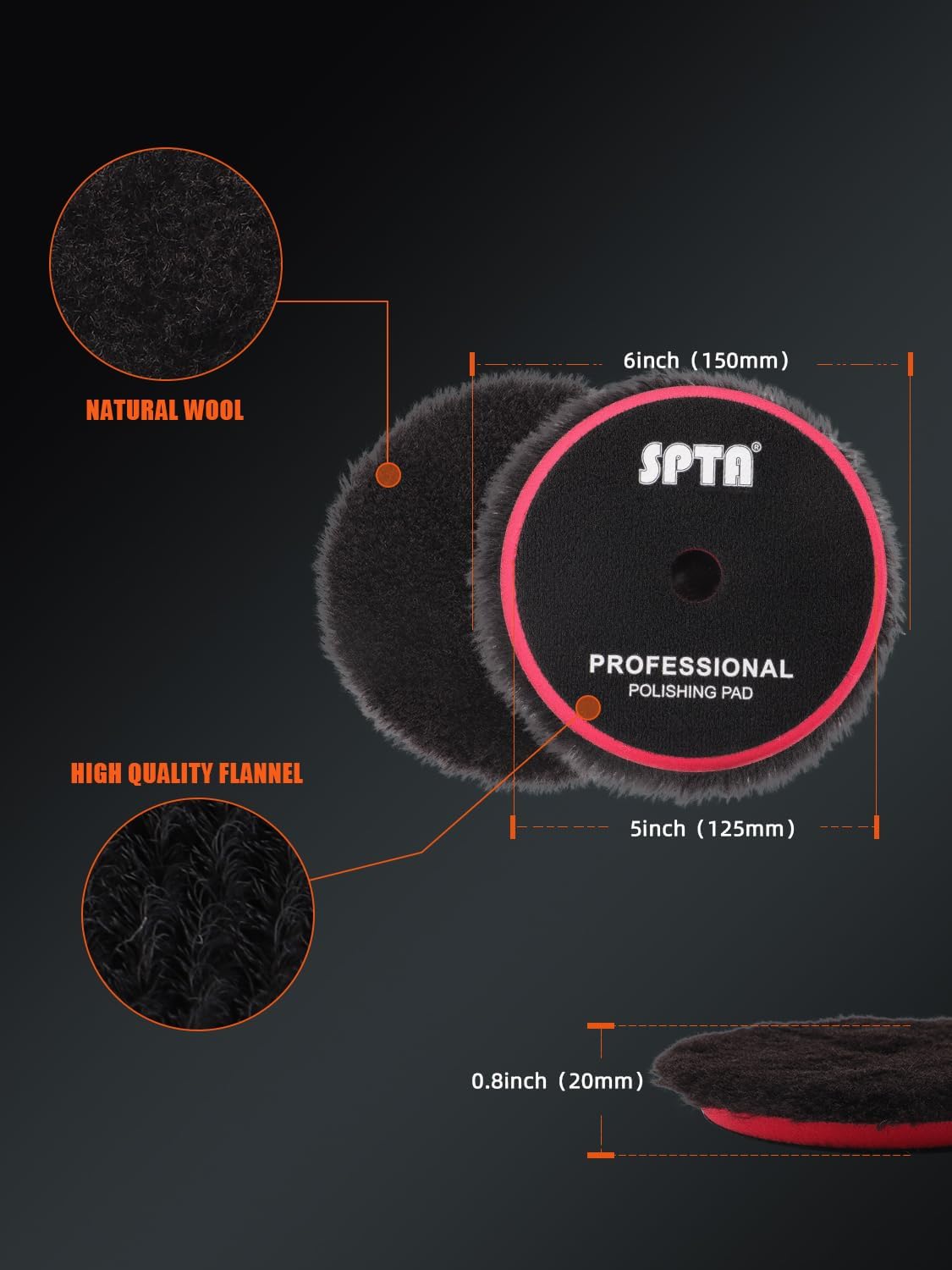 SPTA 1Pc 5 inch 125mm Wool Polishing Pad, T140 Black Heavy Cut to Remove 1200#/1500# Sanding Disc Marks, Deep Scratches, Orange Peel and Heavy Oxidation for Automotive,Car,RV, Motorbike & Boat-WPBMS5D