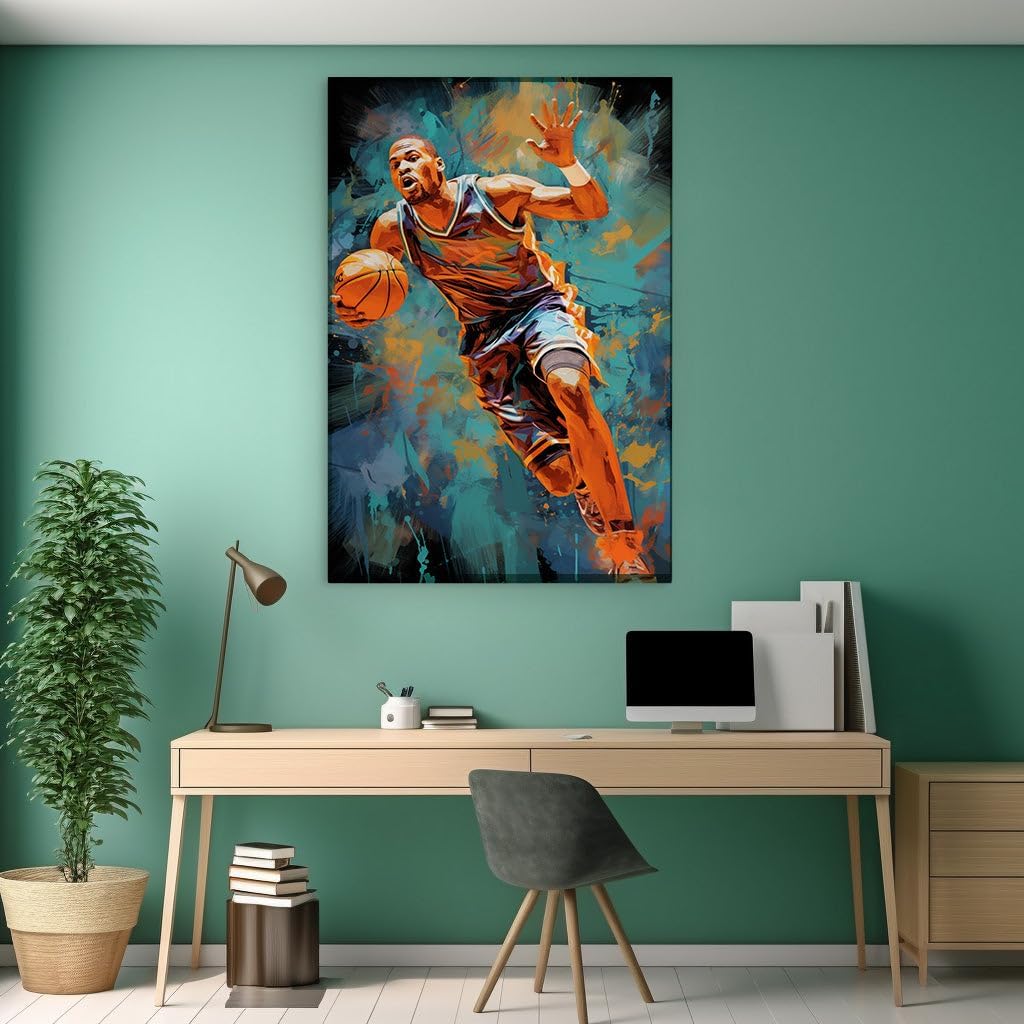 Canvas for Living room. Slam Dunk Spectacle: Capturing Motion and Color in a Vibrant Basketball Masterpiece, 27 x 18 inch Canvas Wall Art - Contemporary Masterpieces - Modern Home Decor