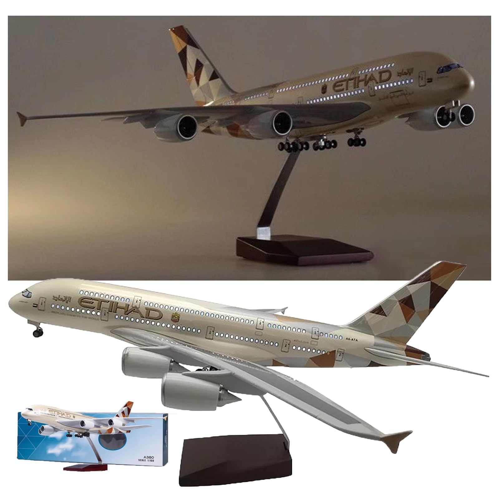 1/160 Scale 20.1in Airplane A380 ETIHAD Airline Model with Light and Wheel Diecast Plastic Resin Plane for Collection Alloy Diecast Aircraft Jet Model Plane Gift(Light)