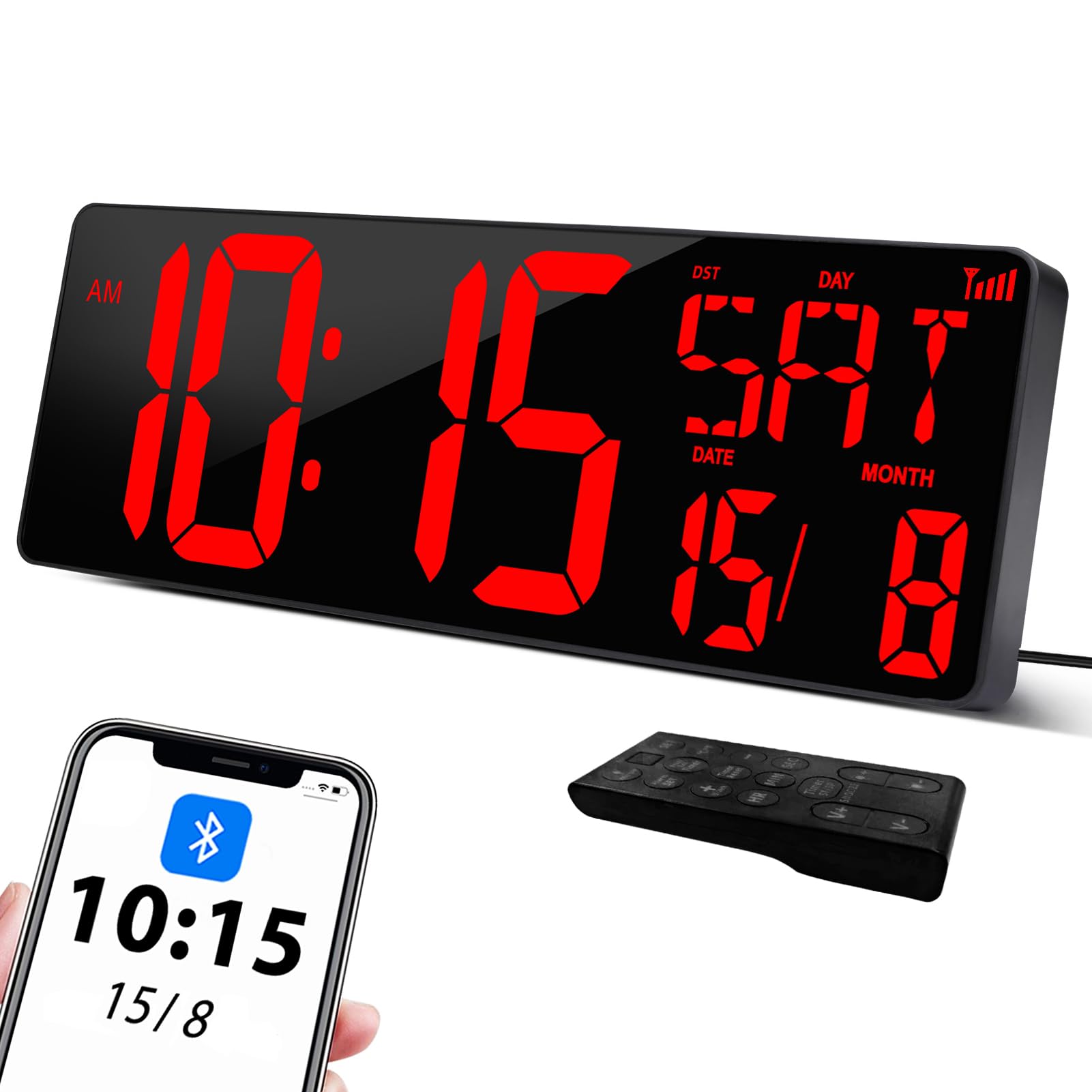XREXS Orologio Parete 17'' LED Rosso Sincronizzazione Bluetooth | Luminosità regolabile, mostra ora, data e temperatura, calibrazione automatica, multifunzione per soggiorno e ufficio