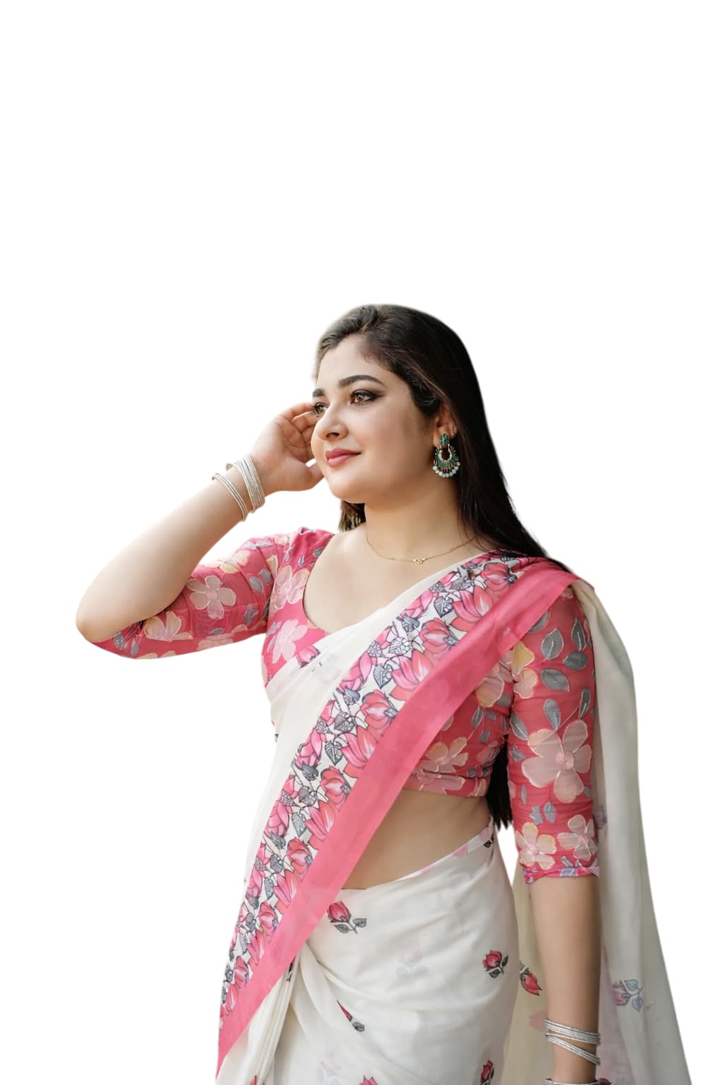 Blush Bloom Linen Cotton Saree with Floral Border | Cotton Printed Saree with Unstitched Blouse Piece Saree for Women-picture-23