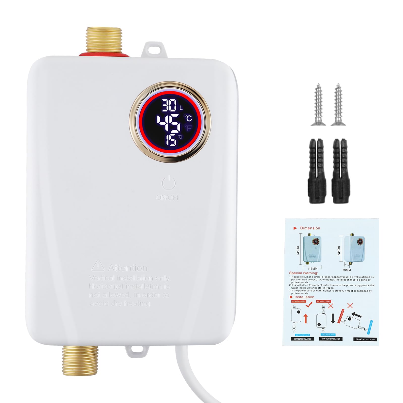Mini calentador de agua instantáneo de 3500 W, calentador electrónico bajo fregadero con pantalla LED de temperatura. Calentador de agua instantáneo con control electrónico. compacta bajo fregadero