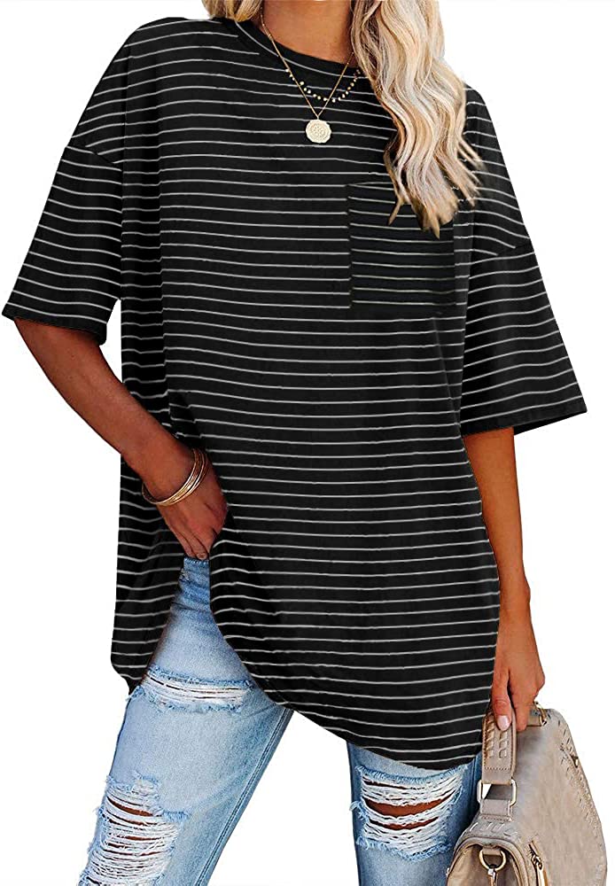 Fisoew Womens Oversized Tees Loose T Shirts Half Sleeve Crew Neck Color Block Cotton Tunic Tops