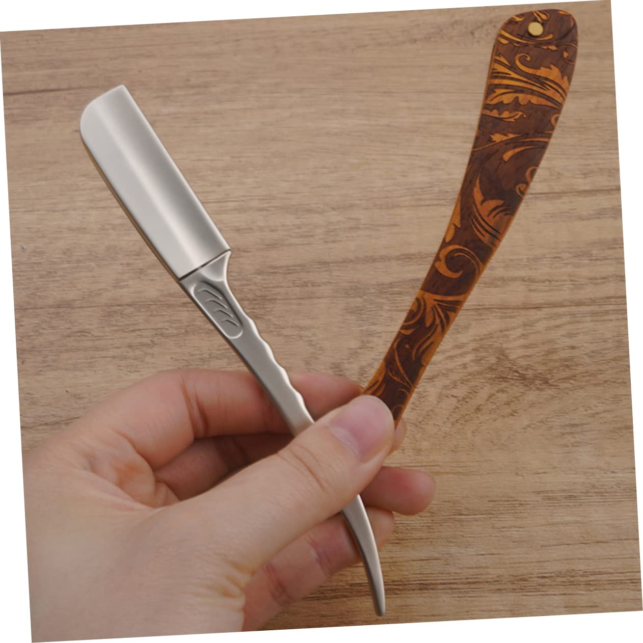 Rasoio Dritto in Acciaio Inox, Stile Vintage Classico Marrone | Uso Manuale, Finitura Legno, per Casa e Uso Personale, Rasatura Pulita e Liscia
