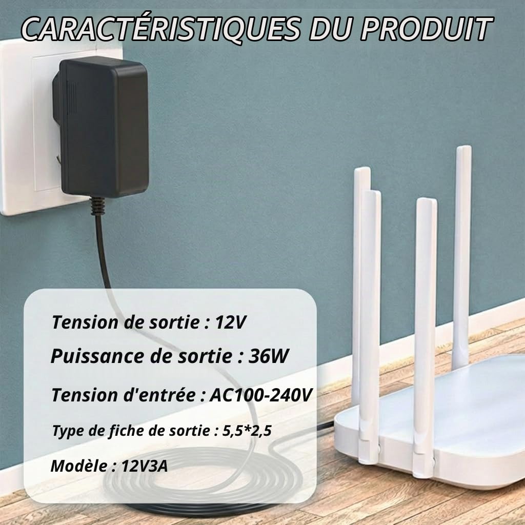 Adaptateur Secteur Universel 12V 3A 36W AC-DC – Chargeur 12V pour LED, Caméras, Routeurs, Haut-Parleurs, Systèmes Téléphoniques, avec Protection Surtension, Court-Circuit, Surchauffe