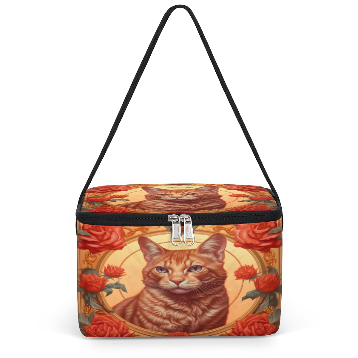 GzLeyigou Cat with Rose Lunch Bags for Women Men 9 Cans, Hot & Cold Food Delivery Bag Insulated Grocery Bag Insulated Lunch Box Cat Cooler Bag for Office Work Picnic Beach