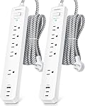 2 Pack Power Bar Surge Protector - 5 Widely Spaced Outlets 3 USB Charging Ports(2 USB C), 1875W/15A with 6Ft Braided Extension Cord, Flat Plug, Overload Surge Protection, Wall Mount for Home Office