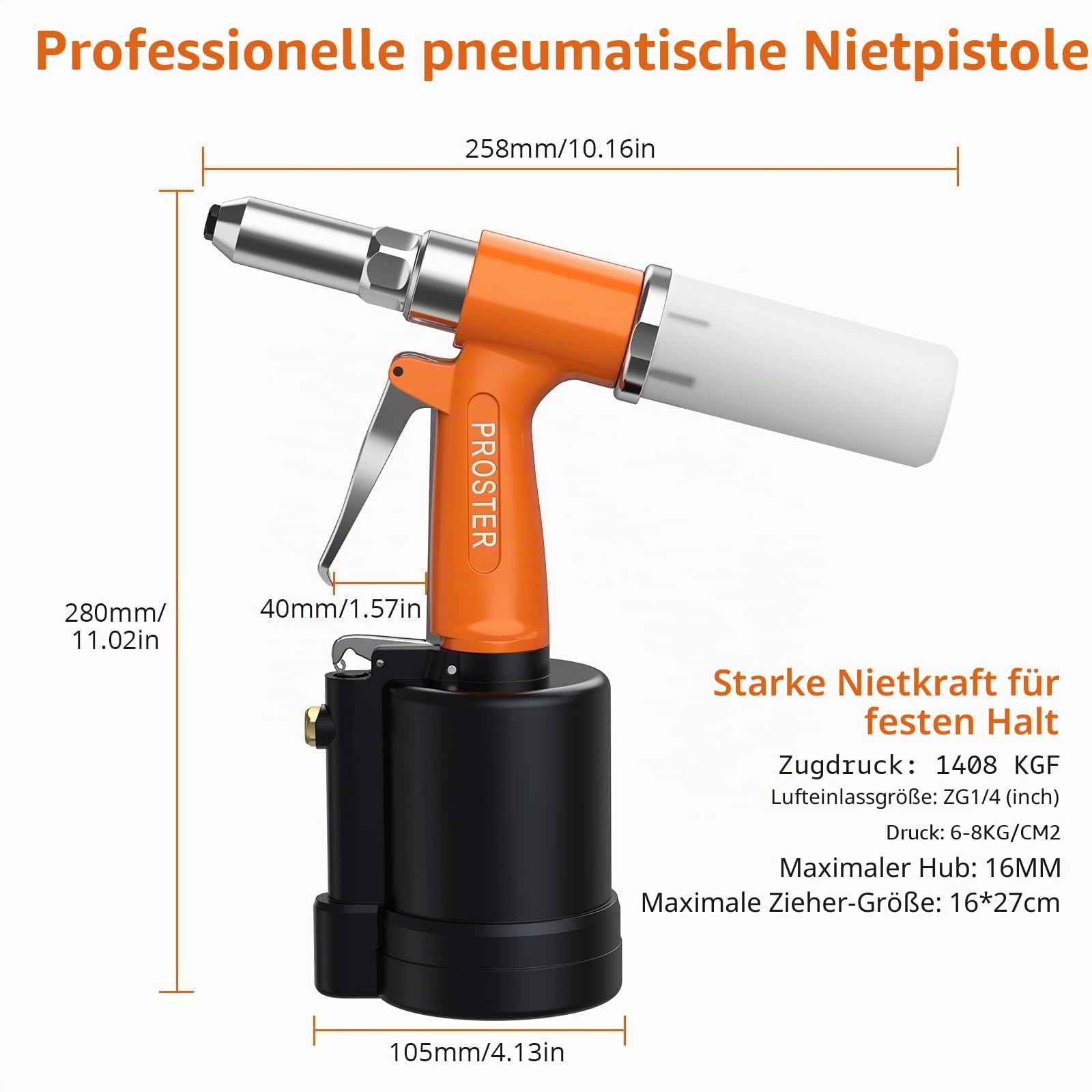 Proster Druckluft Nietzange Nietpistole Blindnietpistole mit 500PCS Nieten, mit 4 Mundstücke 2.4mm, 3.2mm, 4mm, 4.8mm, DIY Werkzeugsatz für Heimwerker & Industrie