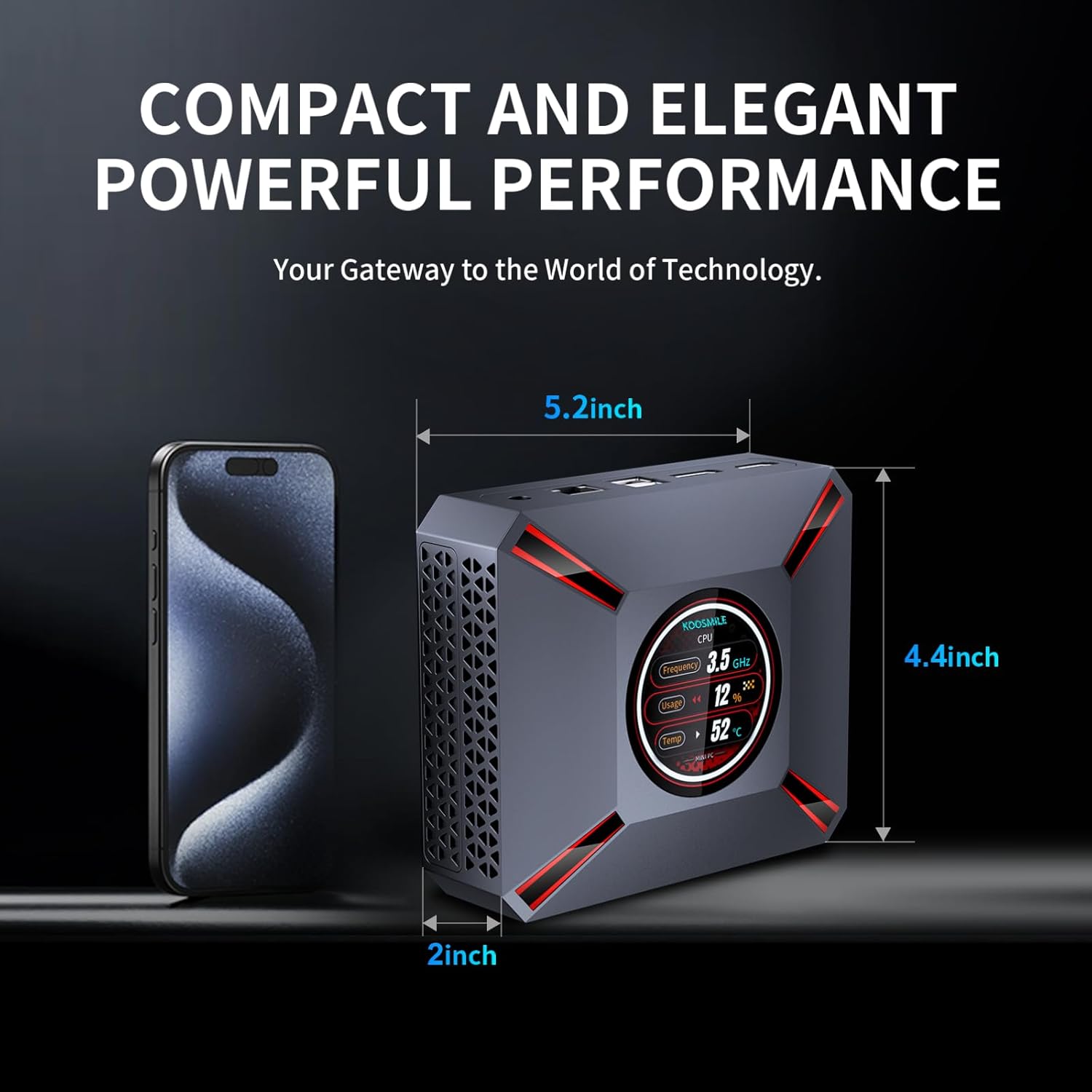 KOOSMILE Mini PC KT-M9 dimensions compared to a smartphone