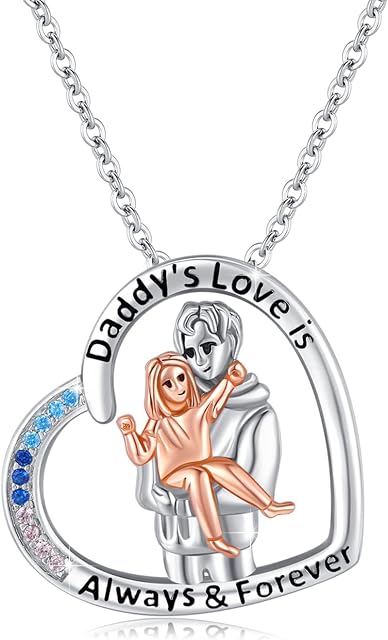 TRISHULA Father Daughter Necklace 925 Sterling Silver Heart Necklace Colourful Cubic Zirconia Pendant Father Children Jewellery Gift for Women Girls Daughter Children