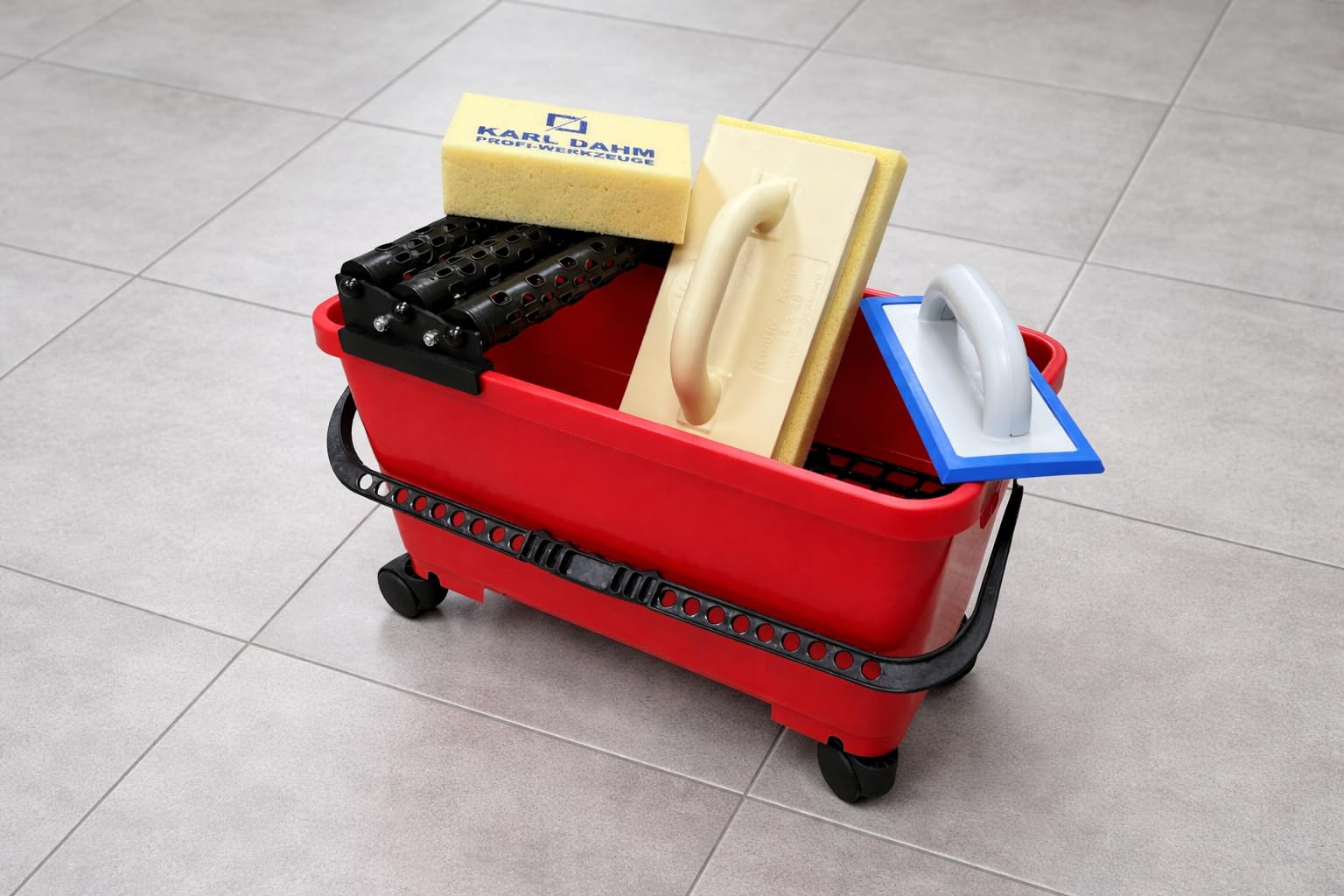 Kit secchio per lavaggio piastrelle da 24 l, 3 scomparti, con bordo per giunti, vassoio spugna e spugna idro