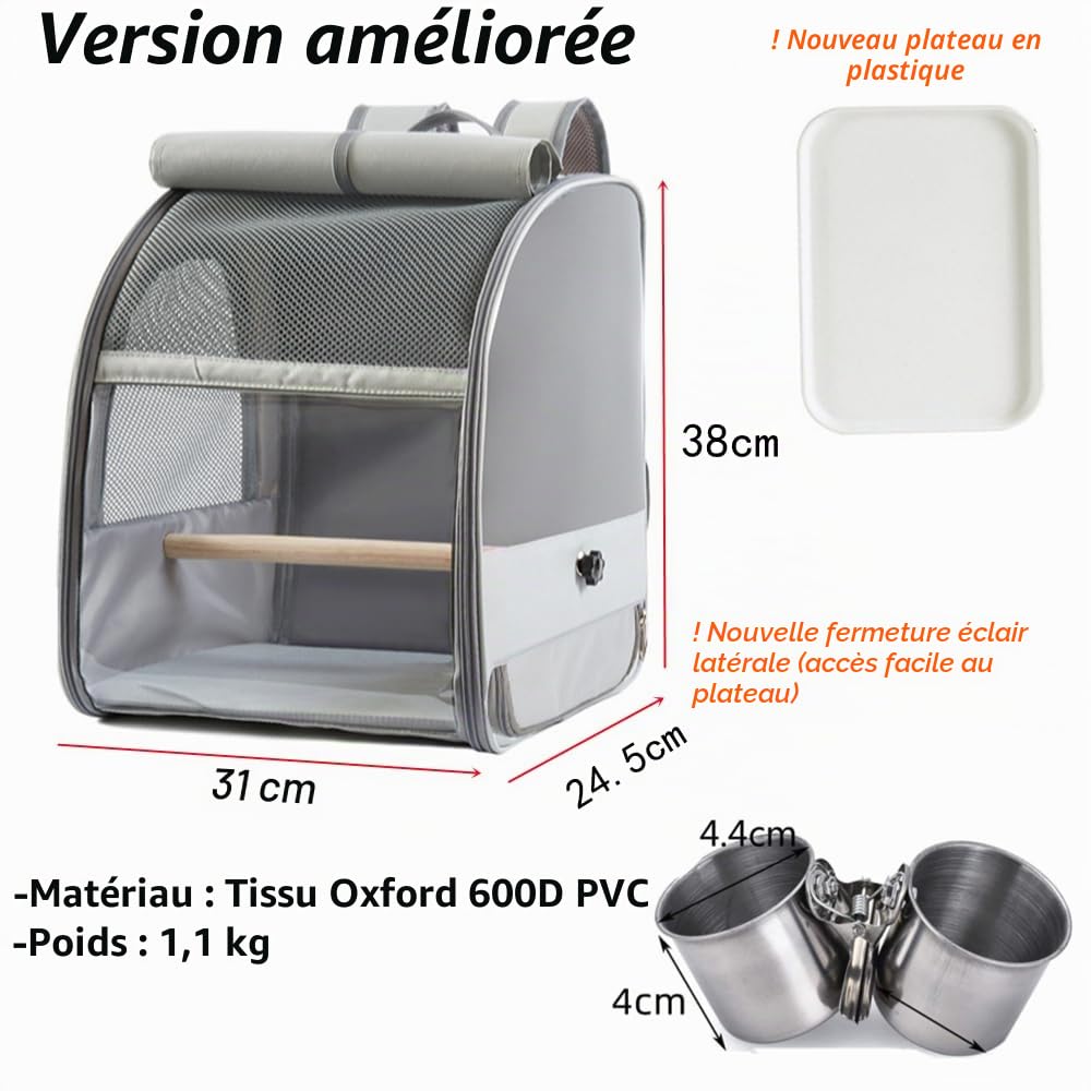 Cage à Dos de Voyage pour Oiseaux,Sac à Dos de Transport Portable Oiseau avec Rideaux Imperméable Anti-Soleil,avec coupelles de Clip en Acier Inoxydable,1 molaires de Pierre,1 Plateau en Plastique