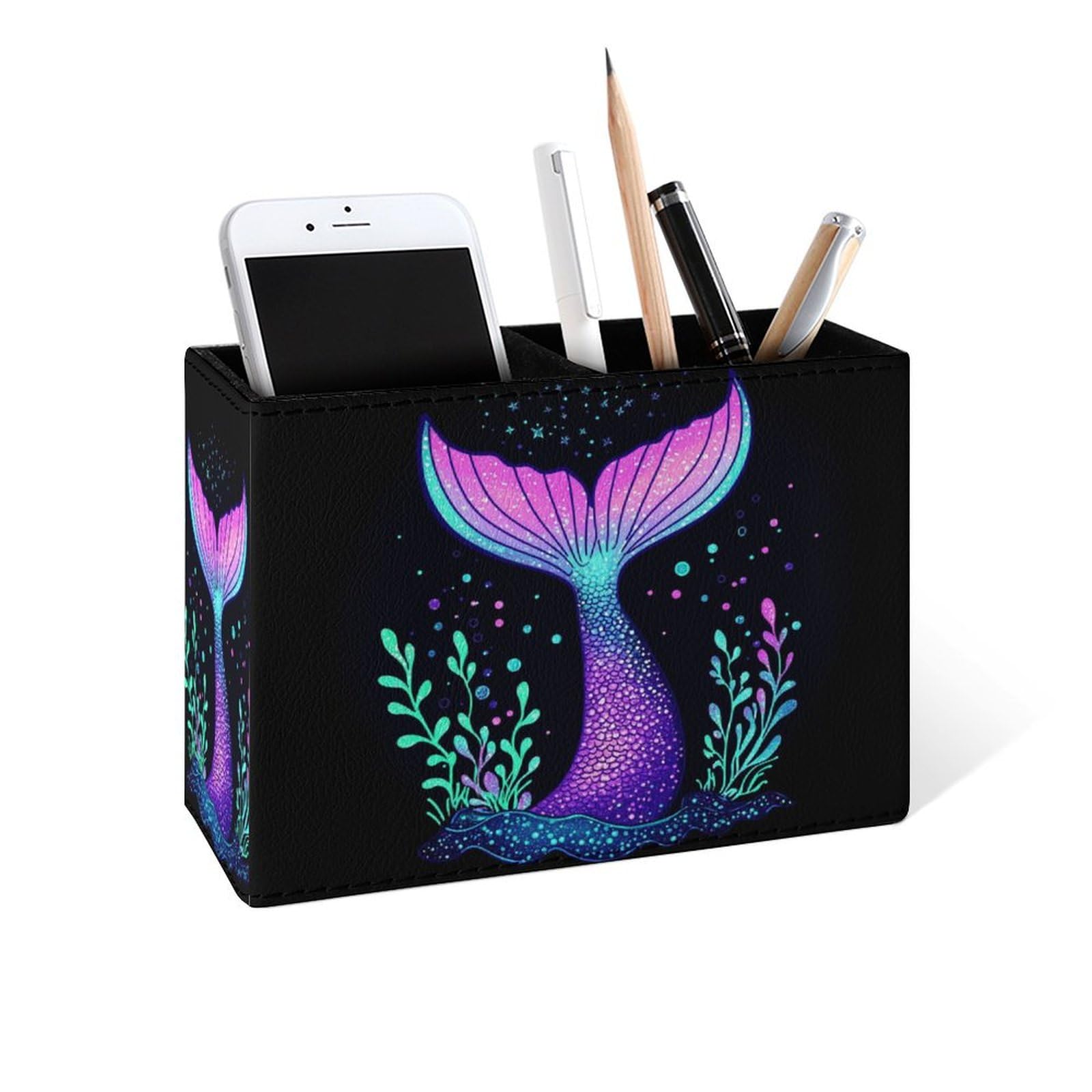 Famame Mermaid Tail And Grass Pencil Holder for Desk, Leather Desktop Container Pen Cup Storage Study Table Pen Organizer Makeup Brush Holder for
