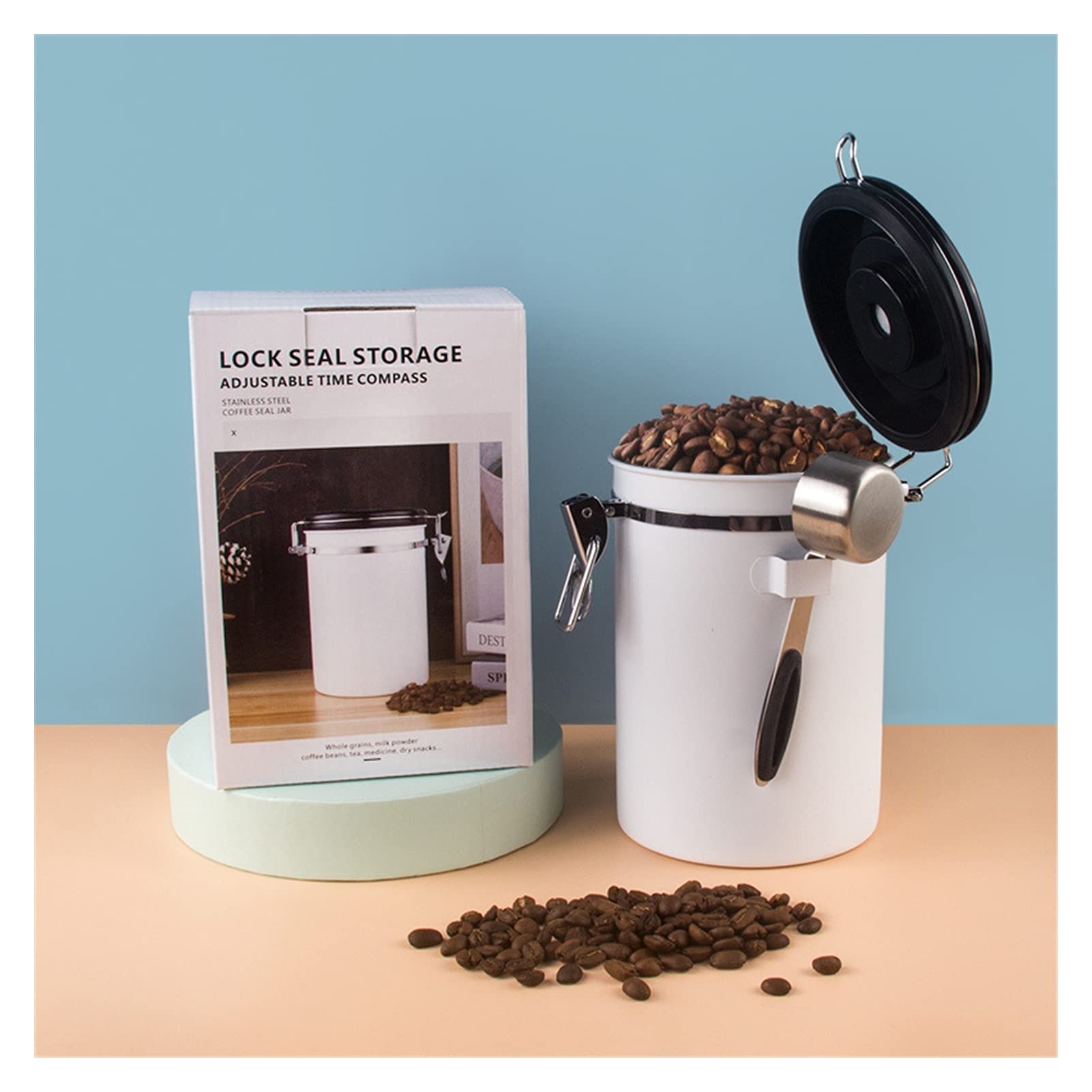 NGDFGR Coffee Canister Stainless Steel Storage Container Jar Box With Spoon Coffee Beans Nuts Sugar Storage Cans Food Container For Coffee Beans,Sugar,Tea (White 1.8L),White 1.8l