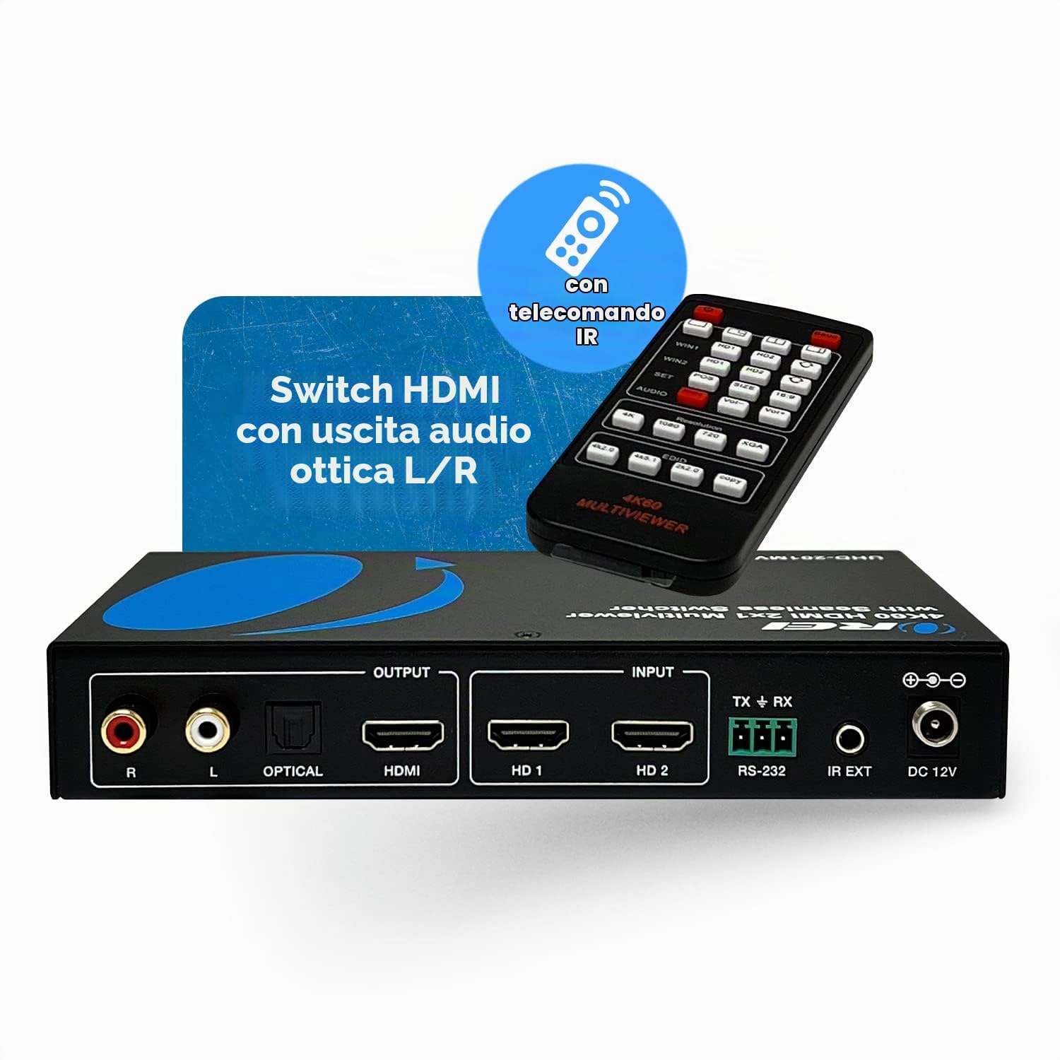 OREI 4K HDMI Multi Viewer 2 in 1 Out Switcher 2 porte Seamless IR Remote Support 4K @ 60Hz 1080P per PS4/PC/DVD/telecamera di sicurezza Interruttore HDMI Uscita audio ottica L/R - (UHD-201MV)