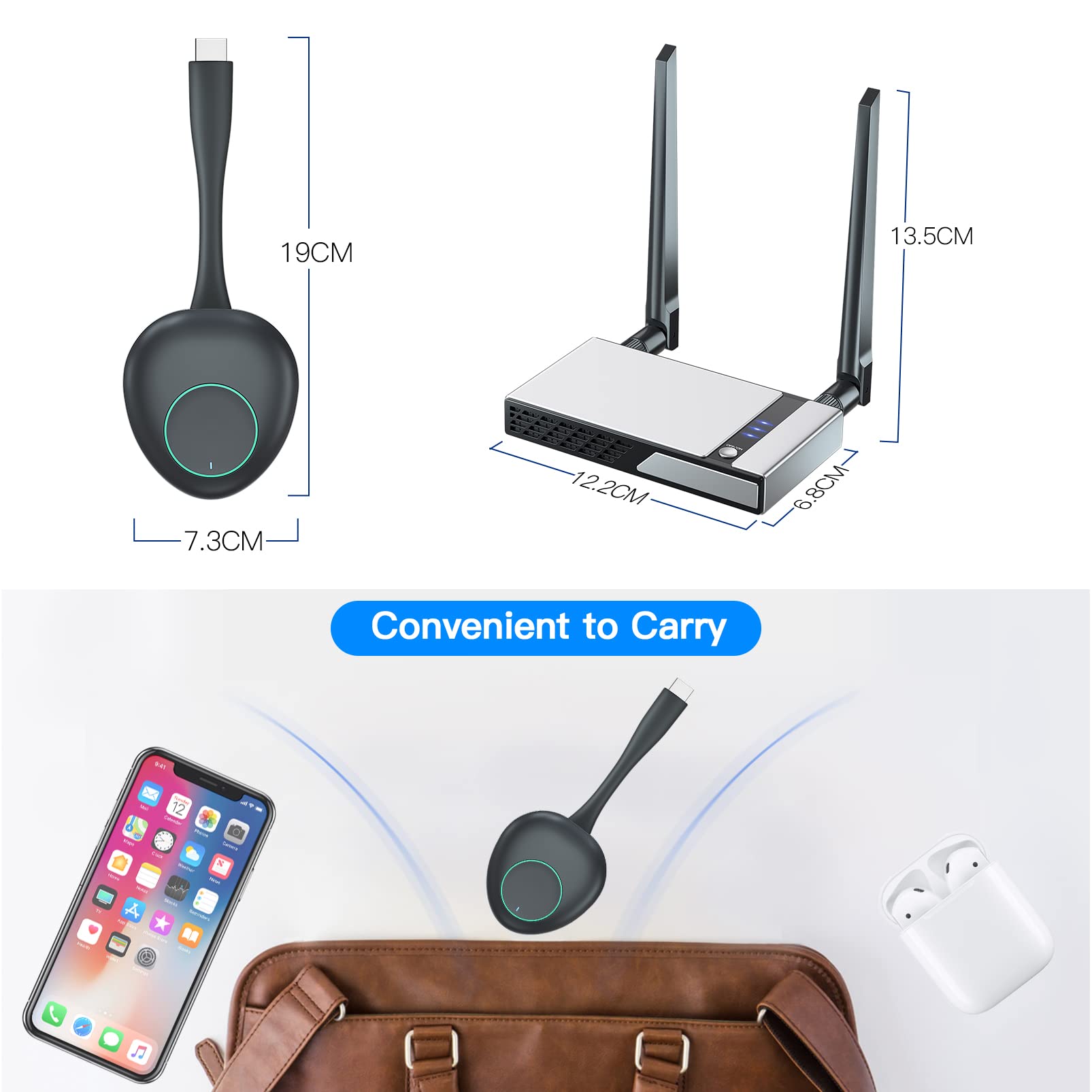 Trasmettitore e Ricevitore HDMI Wireless 1080P Fino a 50m/164ft, Trasmettitore Estensore HDMI Wireless per Segnali HD da PC, DVD, tablet, STB, TV Stick per la Visualizzazione su Schermi HD e VGA