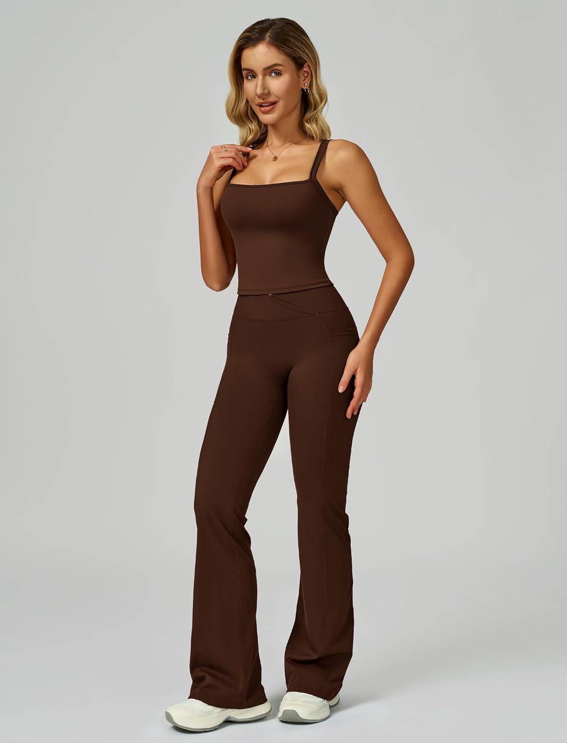 Workout Sets for Women 2 Piece Square Neck Tank Top and Butt-lifting Flare Leggings with Pockets Active Outfits - Image 6