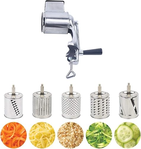 Miniatura 4 de XUANIIIL Rallador de queso giratorio de mano, molinos de alimentos, molinillo de nueces con 5 cuchillas de acero inoxidable en forma de tambor,