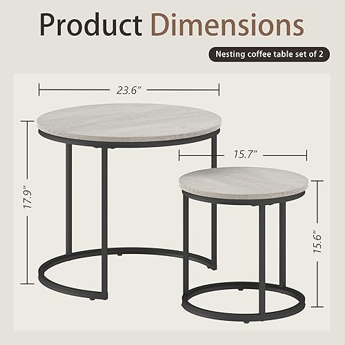 Miniatura 2 de Juego de 2 Mesas Anidadas, Mesa de Café Redonda, Pequeña Mesa de Café Anidada con Patas Ajustables Antideslizantes, Mesas Anidadas con Tapa de Grano