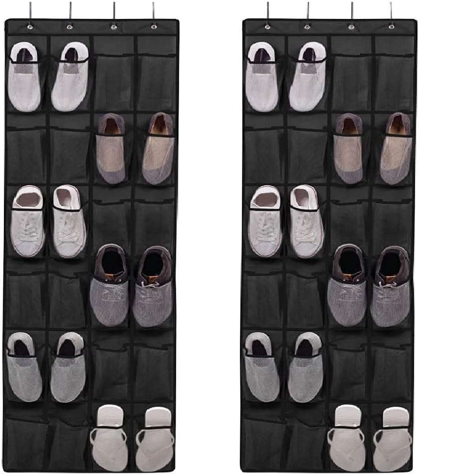 2Pack Over the Door Shoe Rack for Door with 24 Large Mesh Pockets Size 13 Fitted Hanging Shoe Organizer Sturdy Closet Door Shoe Storage Holder (2pcs Black)