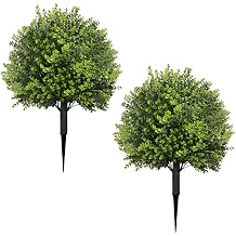 Faux Boxwood Tree with Ground Spikes,2 Pcs Artificial Boxwood Topiary Ball Trees for Indoor Outdoor,UV Resistant Fake Greenery Shrubs,Easy to Install and Shape,Porch Garden Yard Decor,60cm