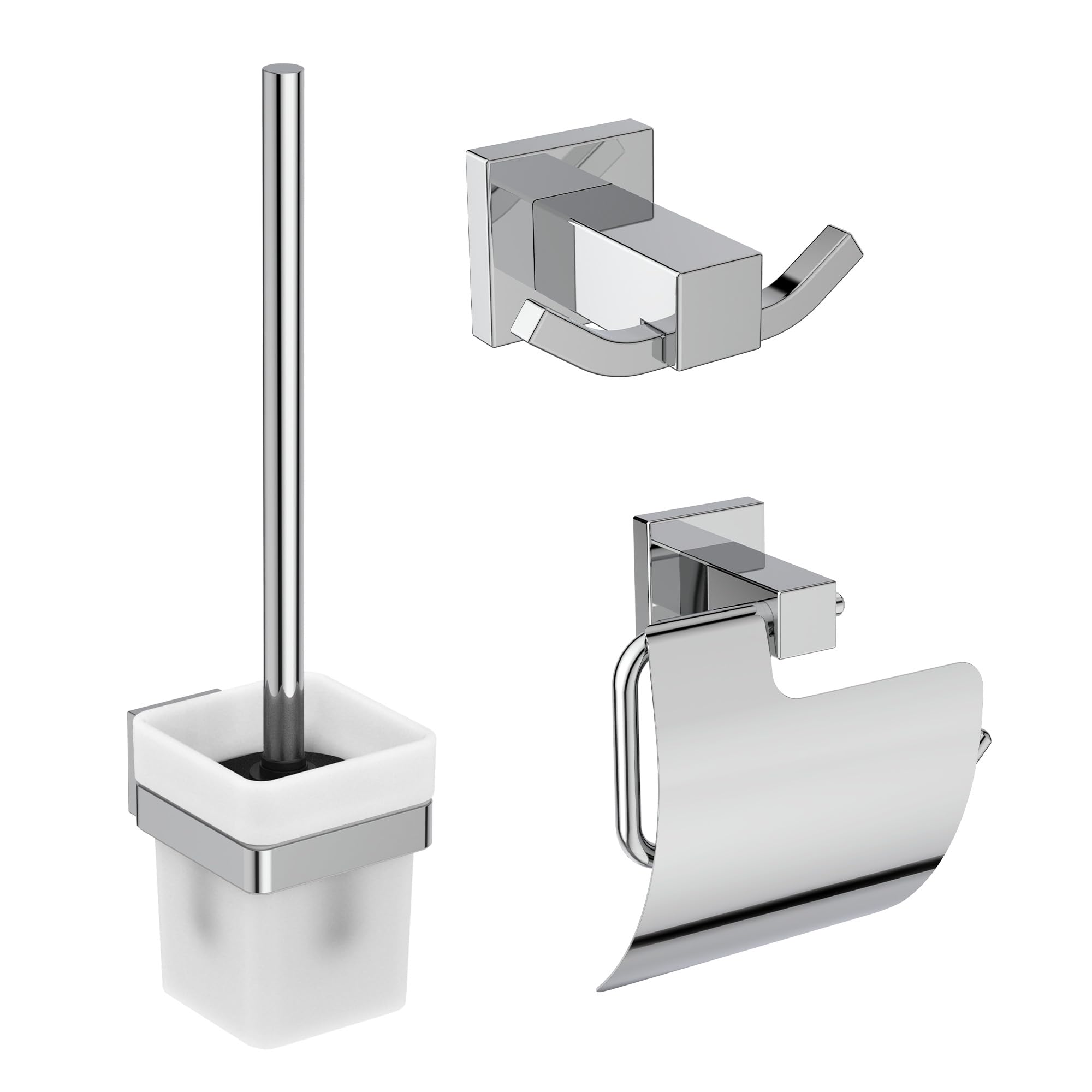 Ideal Standard IOM Square Set de Accesorios (3 en 1) – Cromo | Set compuesto por gancho para toallas doble, portarrollos y juego de escobilla, vaso extraíble, fijación oculta