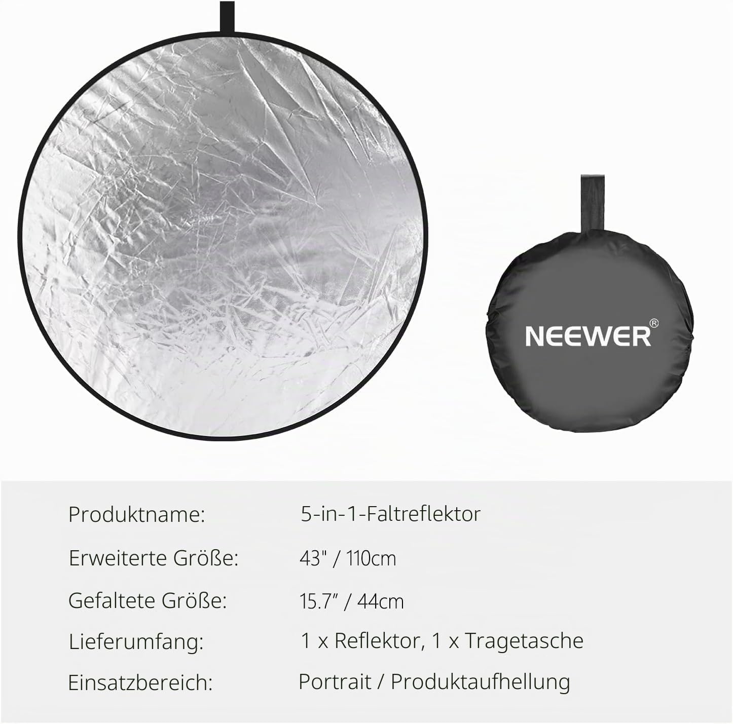 NEEWER 110cm Lichtreflektor Diffusor 5 in 1 Faltbare Multi Disc mit Tasche - Durchscheinend, Silber, Gold, Weiß und Schwarz, Fotoreflektor für Studio Fotografie Beleuchtung im Freien, RF-110