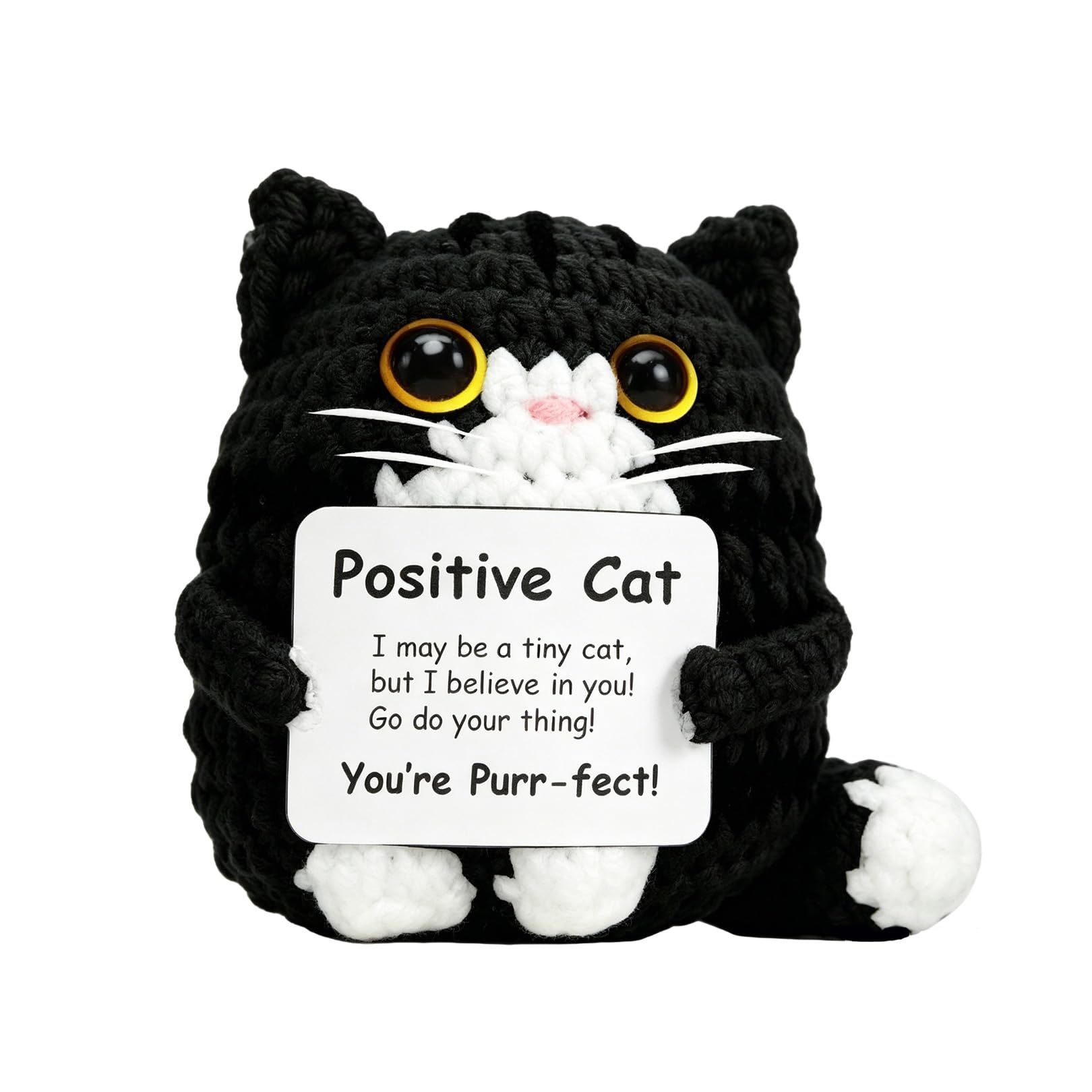 Positive Crochet Cat Animals,Emotional Support Crochet Gift,Inspirational Handmade Knitted Doll with Card Cute,Cat Gifts Motivational Crocheting Present for Women Men Friends Family Birthday (Black)