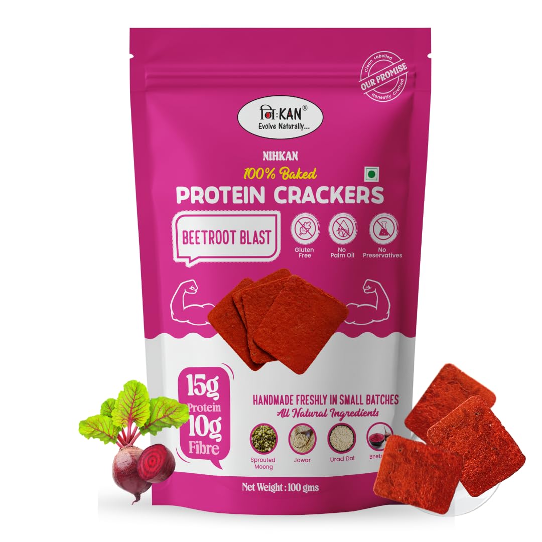 NIHKAN Beetroot Blast Protein Crackers | 00% Baked Gluten Free High Protein Healthy Snack | No Palm Oil, No Preservatives, Fibre Rich & All Natural -100g