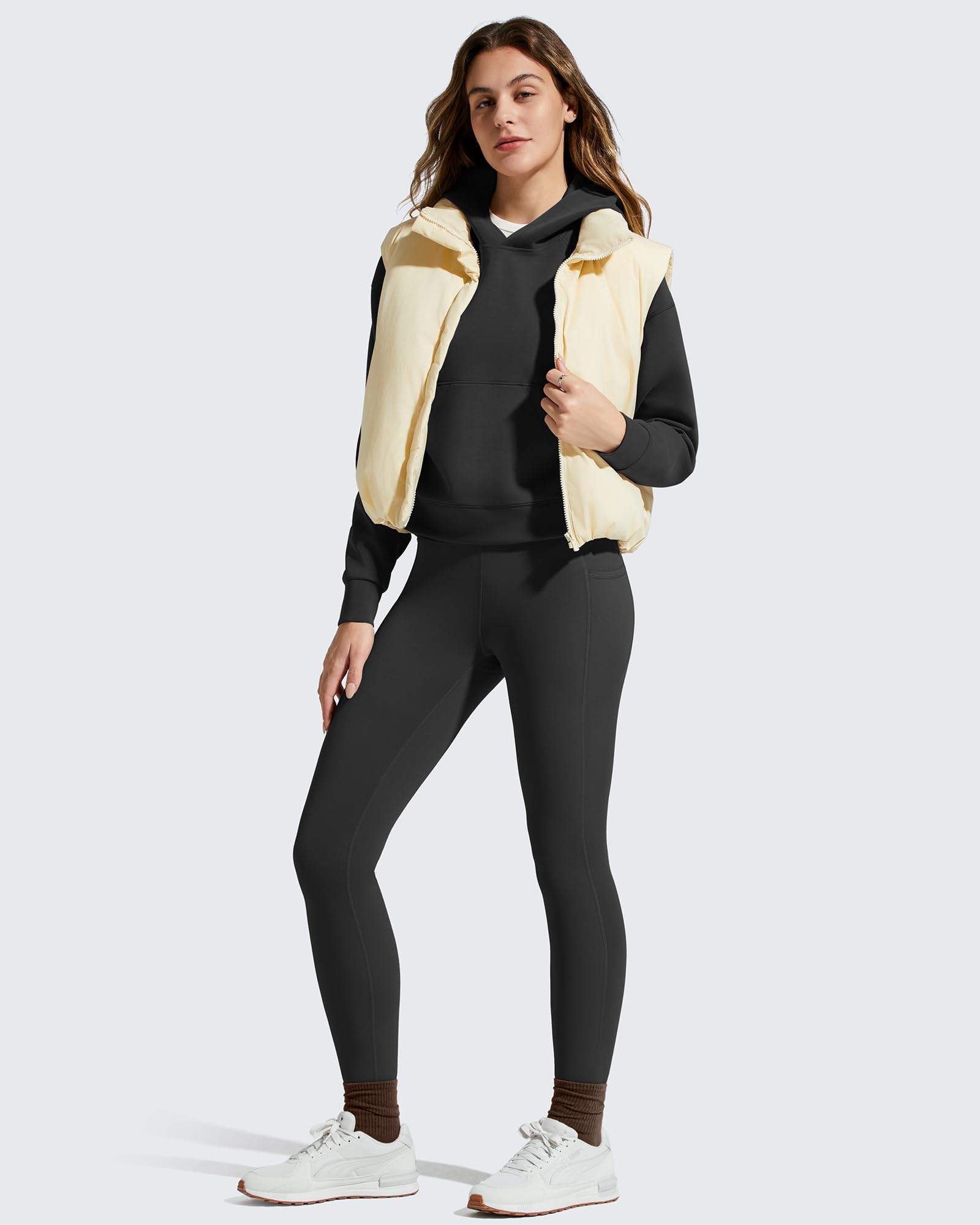 G4Free Barefeel Legging de yoga doublé en polaire avec 2 poches pour femme - Pantalon d'entraînement thermique décontracté - 63,5 cm/68,6 cm