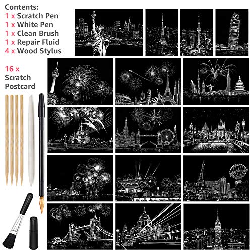magic scratch art paper mini envelope postcard rainbow night view scratchboard for adults and kids art amp crafts set  16 sheets scratch cards amp 8 tools drawing pen brush travel around the world