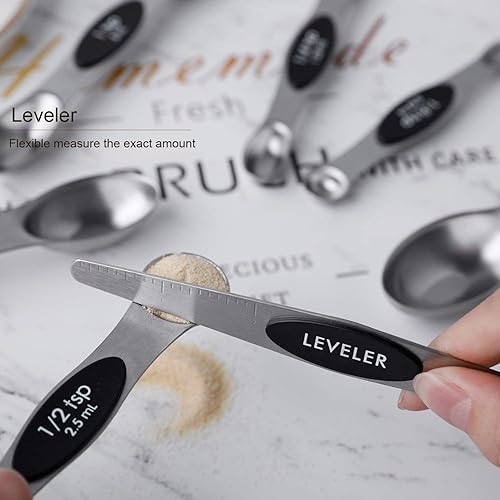 Miniatura 3 de Juego de 8 cucharas medidoras magnéticas apilables de acero inoxidable de doble cara y cucharadas para medir ingredientes secos y líquidos
