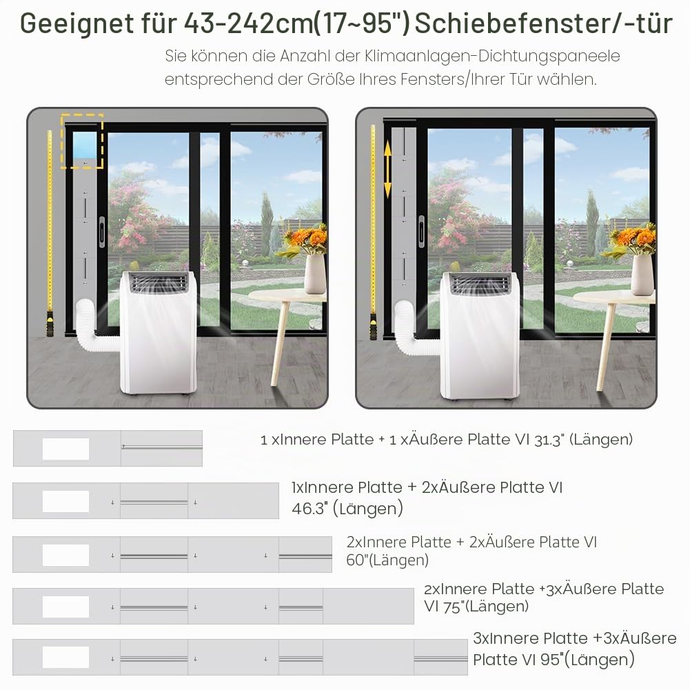 Türabdichtung für Mobile Klimageräte, 6 Stück Verstellbare Klimaanlage Balkontürabdichtung (bis 240 cm) mit Φ13cm Abluftschlauch für Schiebetür,Φ 13cm/15cm Kompatibel,Montage Ohne Bohren