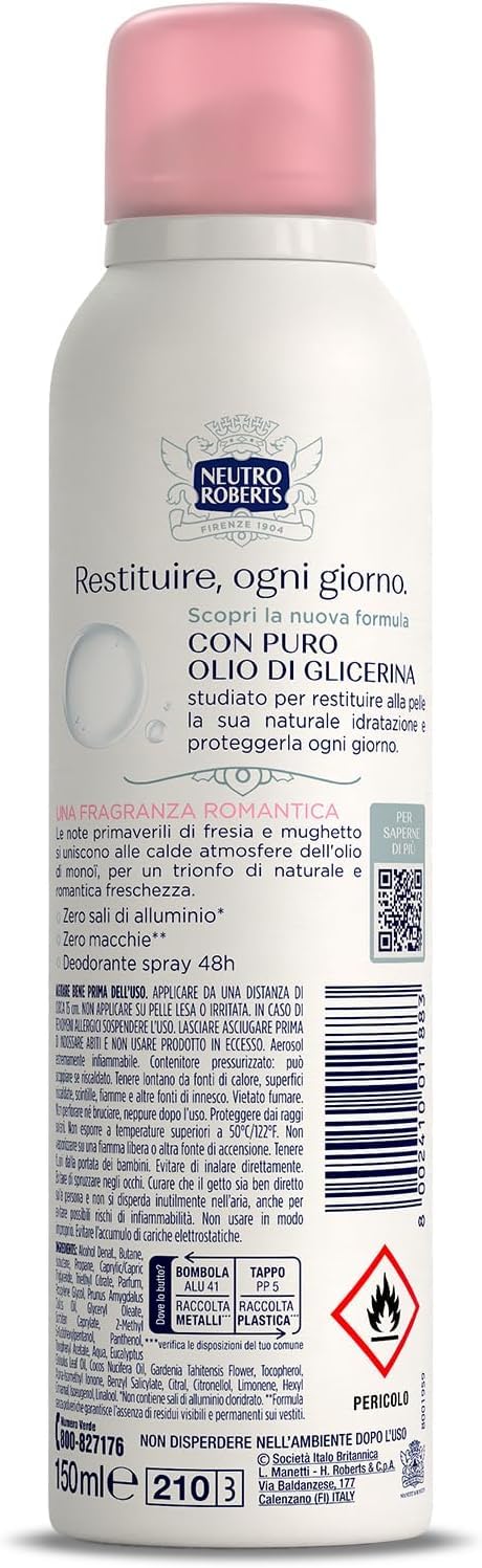 Neutro Roberts - 12 deodoranti spray Fresco, monoï e fresia, protezione 48 ore, deodorante da donna + portachiavi Italy Shop Service in omaggio