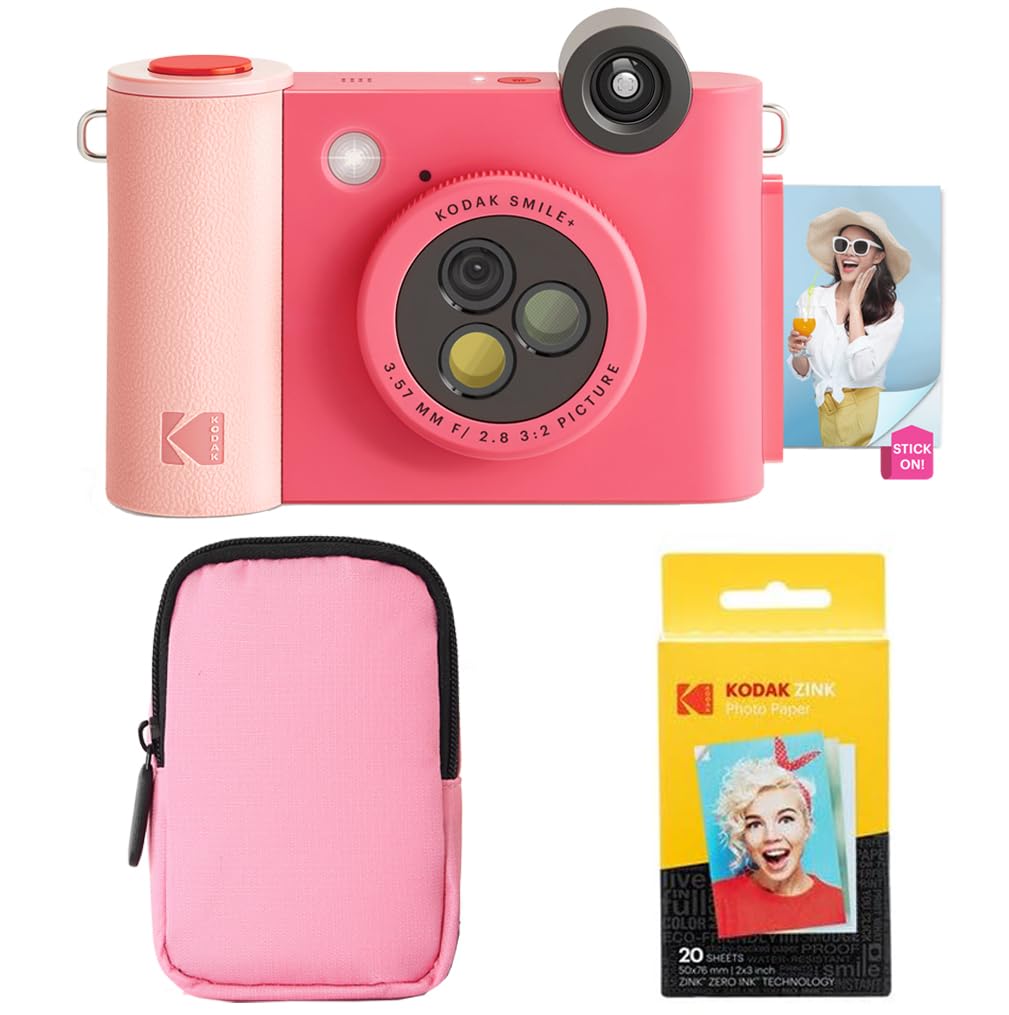 KODAK Smile+ 2-in-1 Digitale Sofortbildkamera & Bluetooth Fotodrucker Starterpaket + Weiche Tasche + Zink 20 Blatt - Fuchsia
