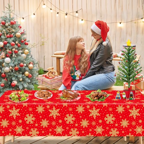 TJYJOY 4 Pack Xmas Tablecloth Christmas Snowflake Table Cloth Golden Snowflake Red Backdrop Table Covers Winter Party Decorations for Winter Christmas Holiday New Year Party Supply 51 x 86 Inch - Image 4