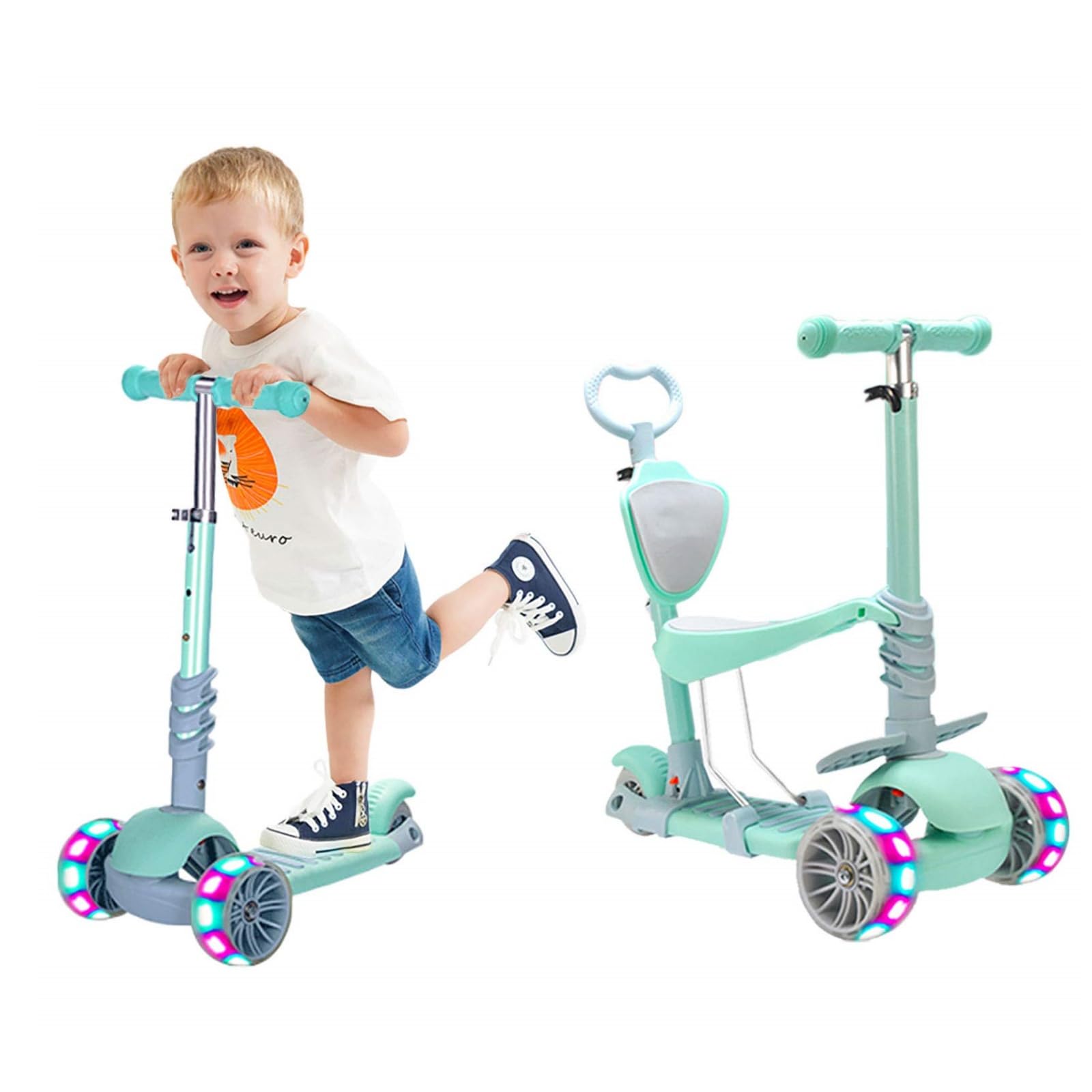 5-in-1 Kinder Roller Scooter Kinderoller Kinderscooter mit PU Räder, Abnehmbarem Sitz, 4 Höhenverstellbare, Bequeme Rückenlehne, Faltbarer Kinderroller für Mädchen Jungen 3-6 Jahre