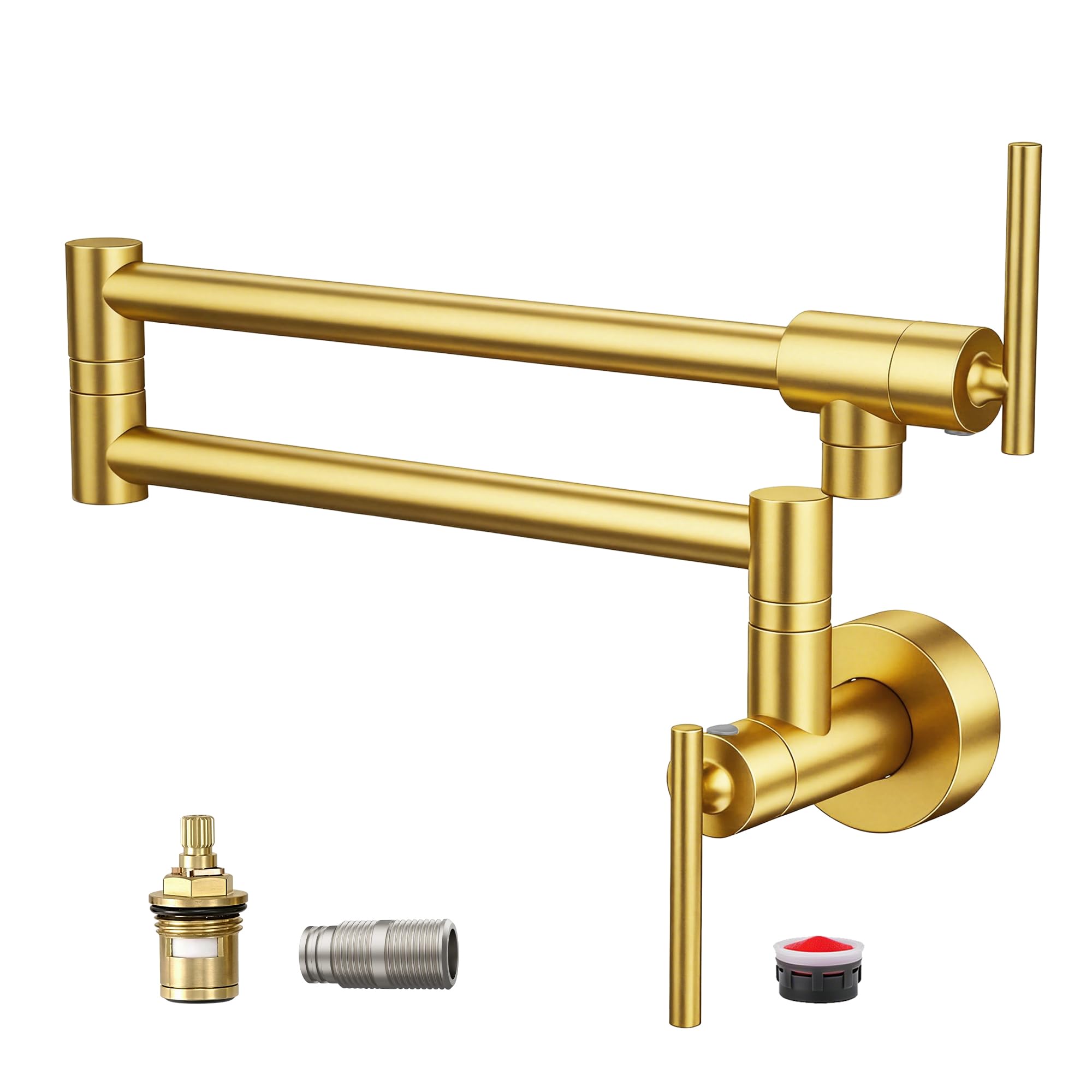 Fransiton Brushed Gold Pot Filler, Pot Filler Faucet Wall Mount, Brass Folding Stretchable with Double Joint Swing Arm Single Hole Two Handles Kitchen-image-37