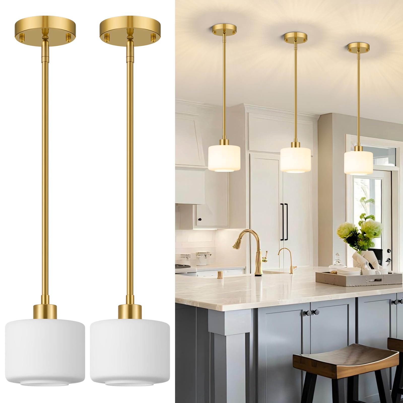 Photo 1 of Osimir Brushed Gold Pendant Lights Kitchen Island 2 Pack, Modern Milk Glass Hanging Light Fixtures with Rods, Mini Kitchen Pendant Lighting Over Island for Sink Bathroom, OS-YQ8153-2PBG