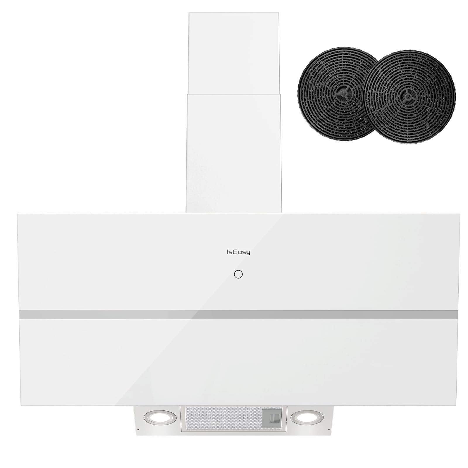Cappa Aspirante 90 cm, IsEasy Cappa a Ricircolo, 571m³/h Forte Aspirazione, 4 Livelli, Ritenitore di Pannello, Modalità Evacuazione, Ritardo di Spegnimento 1–9min, Funzione Memoria,61dB, Bianco, A++