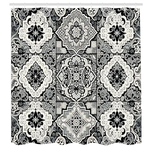 ABAKUHAUS Gris Rideau de Douche, Art Trippy Oriental avec Motif De Carreaux Marocains De Feuilles, Material Resistente al Agua Durable Estampa Digital, 175 cm...