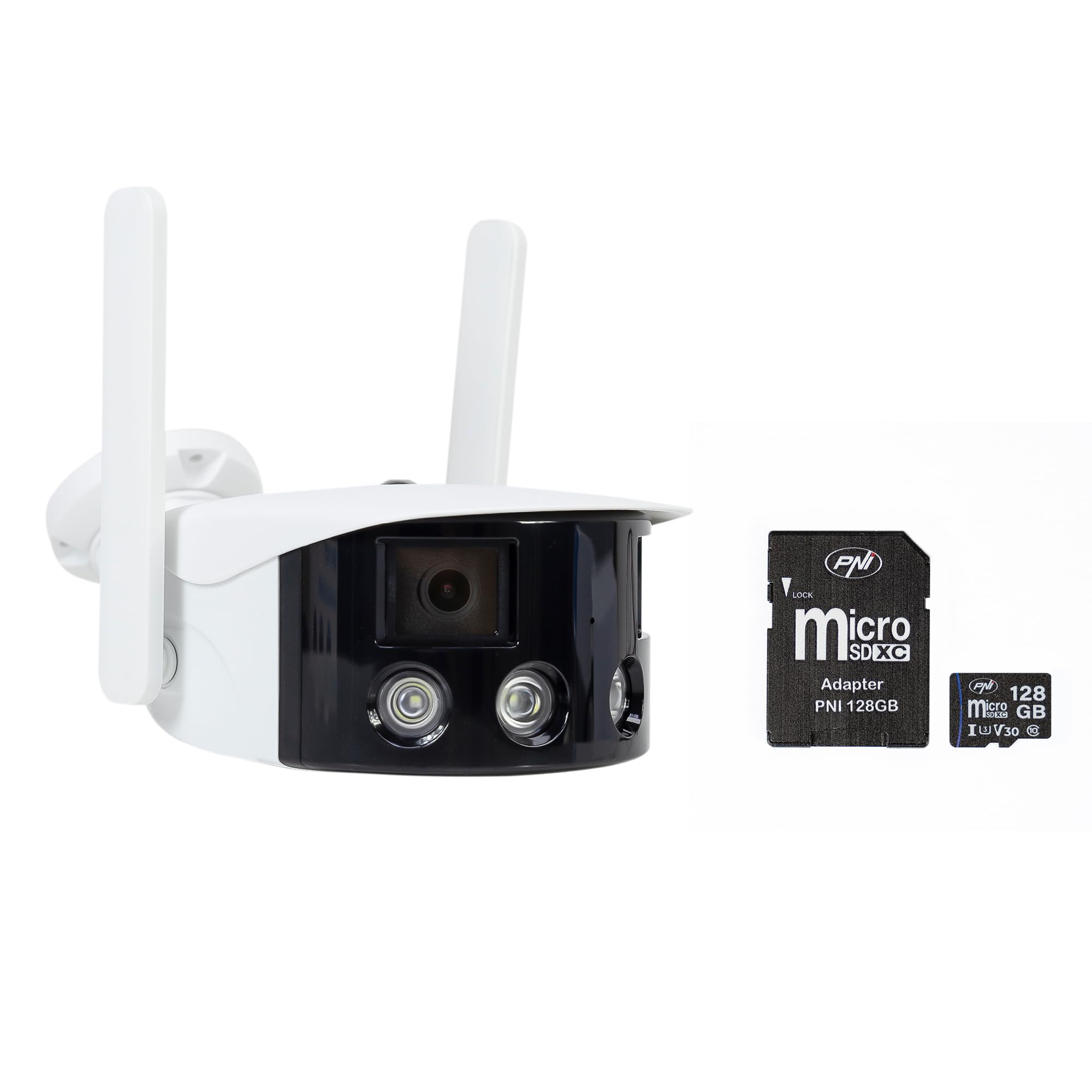 PNI IP590 kamera do monitoringu wideo, bezprzewodowa, IP, podwójny obiektyw, 2 x 2 MP + karta pamięci MicroSD PNI 128 GB z adapterem SD