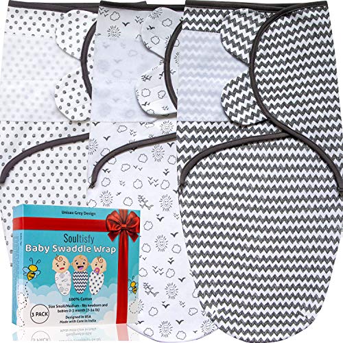 Image of Baby Swaddle Blanket Wrap (3 Pack) for Newborn Boy and Girl (0-3 Months/Small/Medium) – 100% Cotton (Breathable All Seasons) – Grey Unisex Design – Infant Sleep Sack Gift Set