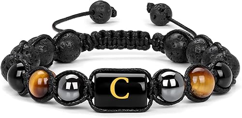 Vinswet Pulseras de cuentas con iniciales para hombre, pulsera de triple protección de 0.315 in, obsidiana y hematita, hecha a mano para hombre,