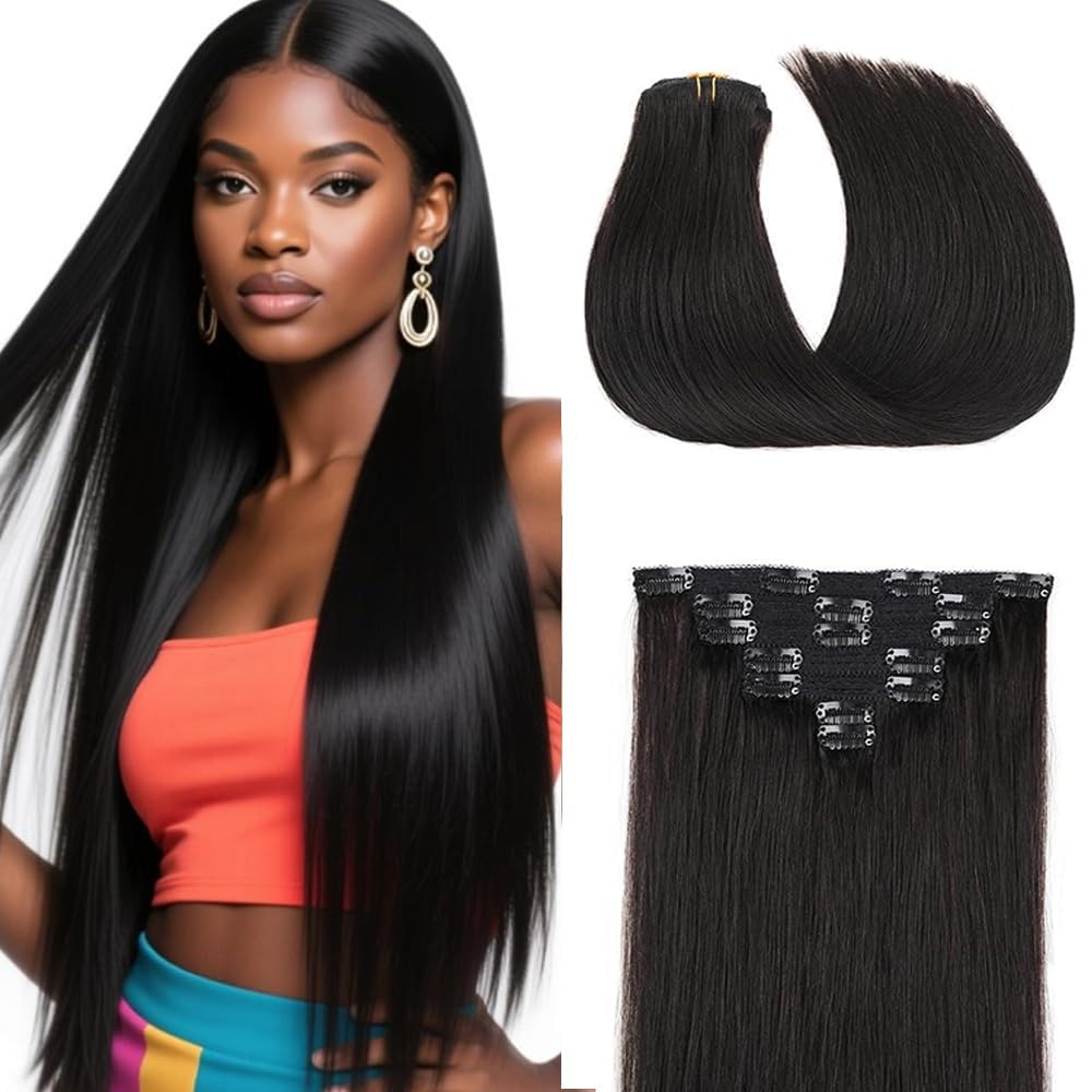 Straight Human Hair Extensions Clip In Extensions Echthaar Schwarz Real Human Hair Extensions Clip Invisible #1B Natural Black 120g 7pcs Per Pack for Women 28 Zoll