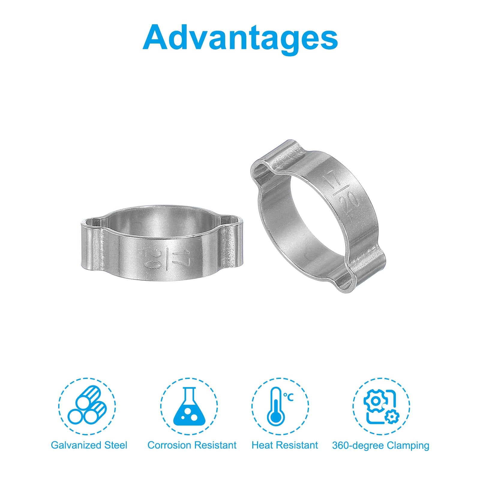 PATIKIL 35 Pack 17-20mm Double Ear Hose Clamp, 304 Stainless Steel O Clip Crimp Rings for Fuel Petrol Pipe Tube Fitting Connections, Silver Tone - Image 3
