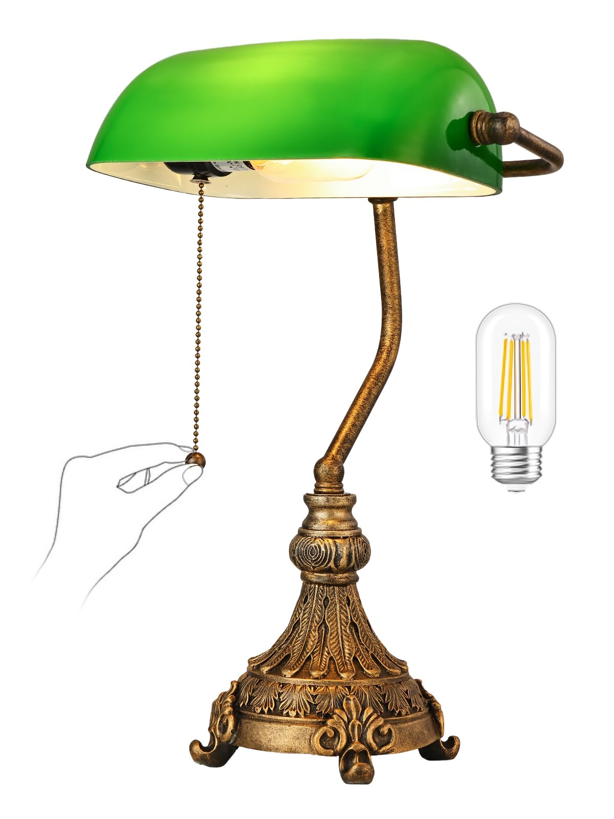Lámpara de escritorio vintage de cristal verde para oficina en casa o biblioteca, con interruptor de cadena y enchufe, bombilla LED incluida.
